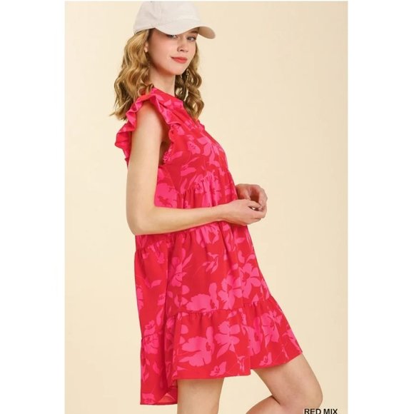 Floral Red Dress - Collar - Short Ruffled Sleeves - Tiered - Plus Size Dresses - Picture 5 of 7